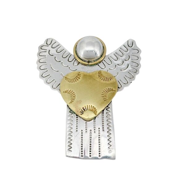 Vintage Sterling Silver 925 Two Tone Angel Heart Etched Wings Pin Brooch - Picture 2 of 7